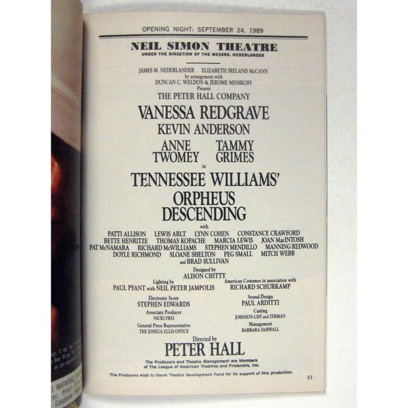 Orpheus Descending Playbill Opening Night September 1989 Redgrave Musty Smell - Picture 4 of 7
